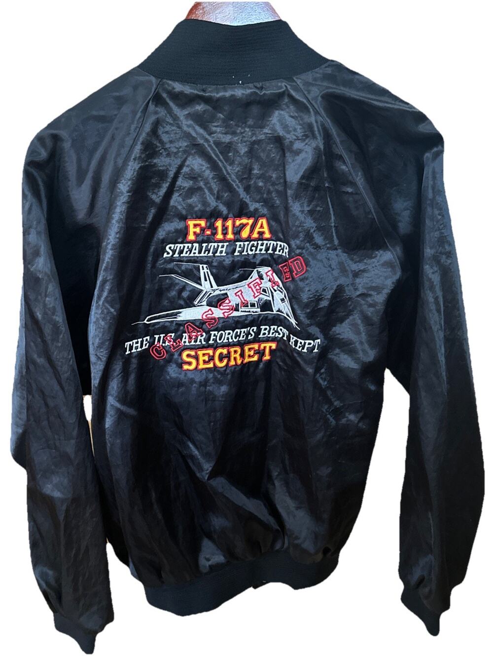Vintage Military Fighter Satin Bomber Jacket USAF Team Stealth Auburn L